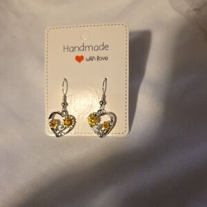 Silver Heart Earrings with Yellow Flowered Accents